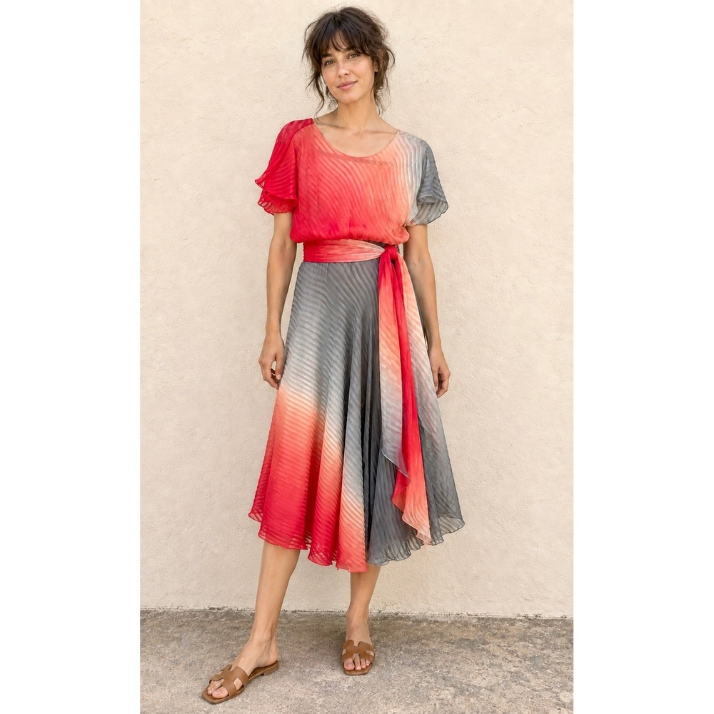 Vintage Soo Yung Lee S Silk Ombre Midi Dress Flutter Sleeve Sash Romantic Boho